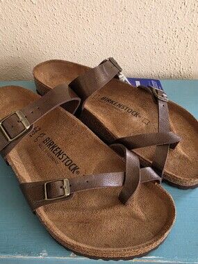 New BIRKENSTOCK Mayari Birko-Flo Sandals EU42 W11-11.5 M9-9.5 WIDE Golden Brown